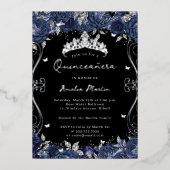 Invitation En Aluminium Silver Navy Swirl Scroll Floral Quinceanera (Recto)