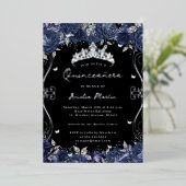 Invitation En Aluminium Silver Navy Swirl Scroll Floral Quinceanera (Debout devant)