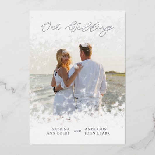 Invitation En Aluminium Silver Photo Whimsical Our Wedding Script Real (Recto)