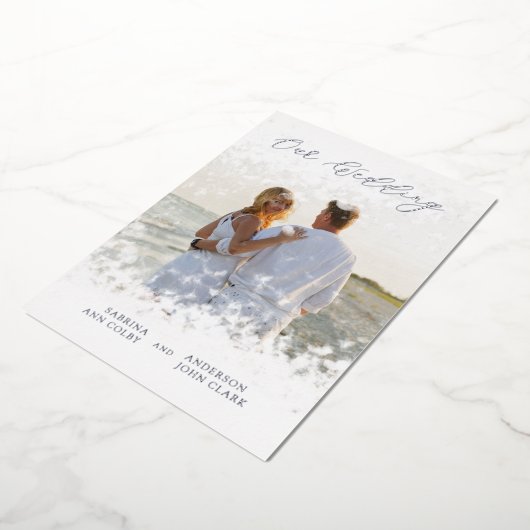 Invitation En Aluminium Silver Photo Whimsical Our Wedding Script Real (Rotation)