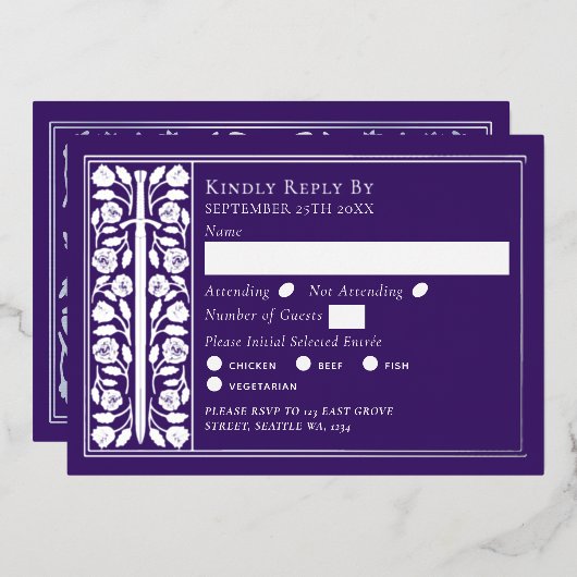 Invitation En Aluminium Silver Purple Medieval Sword Wedding RSVP (Recto/Verso)