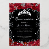 Invitation En Aluminium Silver Red Swirl Scroll Floral Quinceanera (Recto)