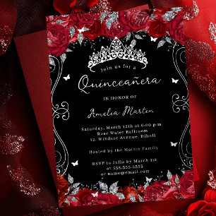 Invitation En Aluminium Silver Red Swirl Scroll Floral Quinceanera