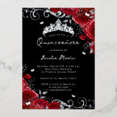 Invitation En Aluminium Silver Rose florale Quinceanera (Recto)