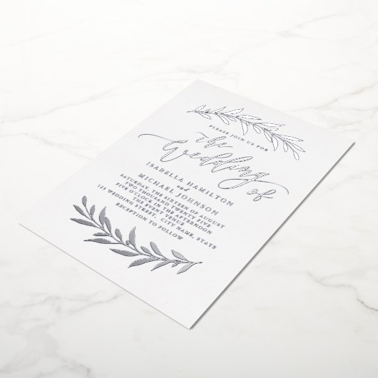 Invitation En Aluminium Silver simple calligraphie rustique feuillage mari (Rotation)