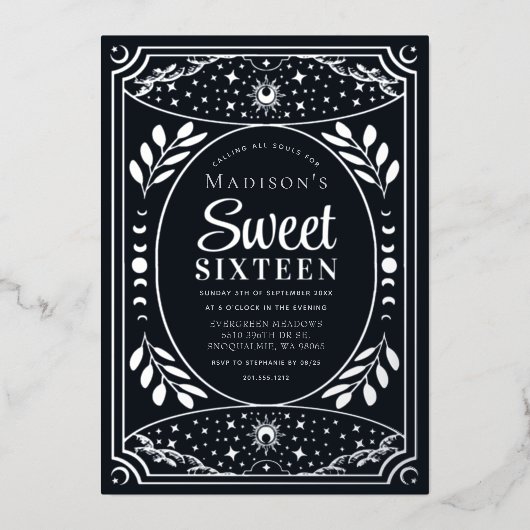 Invitation En Aluminium Silver Tarot Witchy Sweet 16 fête d'anniversaire (Recto)