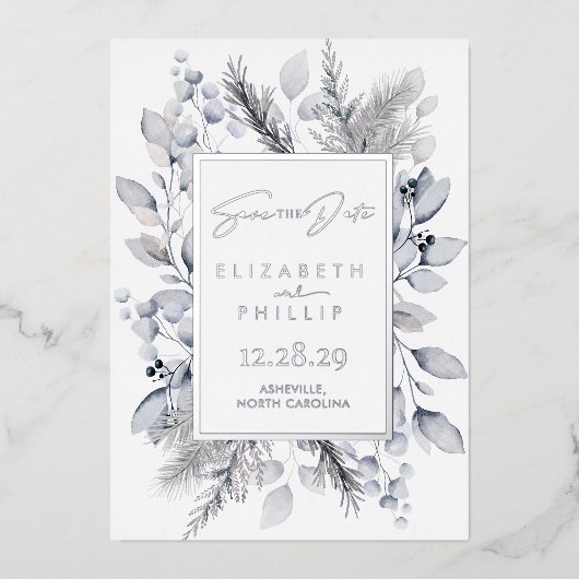 Invitation En Aluminium Silver Winter Botanical Holiday Enregistrer La Dat (Recto)