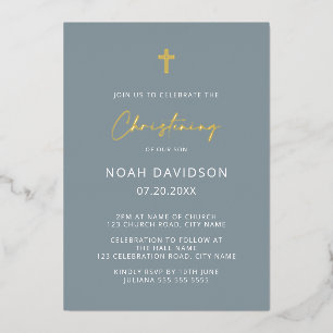 Invitation En Aluminium Simple Baptême Gris Bleu & Or Réel