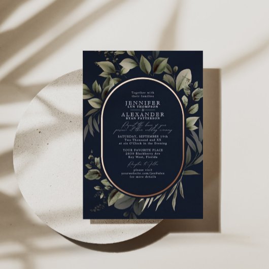 Invitation En Aluminium Simple Botanique & Code QR RSVP Bleu de Nuit Rose