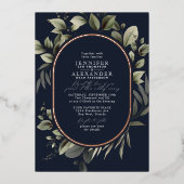 Invitation En Aluminium Simple Botanique & Code QR RSVP Bleu de Nuit Rose (Recto)