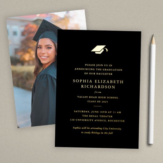 Invitation En Aluminium Simple classique noir et blanc photo graduation