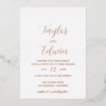 Invitation En Aluminium Simple Contemporain moderne Mariage Rose or<br><div class="desc">Invitations de mariage en feuille d'or rose contemporaine avec une disposition simple et minimaliste avec vos noms dans un élégant script de calligraphie et vos détails mariages ci-dessous dans un format moderne.</div>
