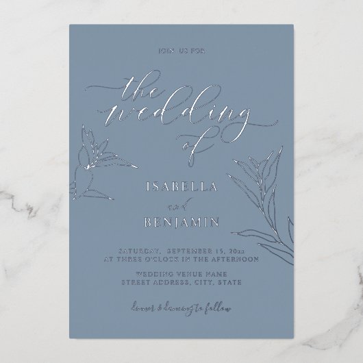 Invitation En Aluminium Simple Dusty Blue Silver Script Mariage botanique (Recto)