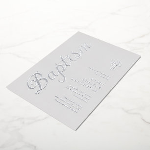 Invitation En Aluminium Simple Élégant Argent Script Gris Douce Baptême