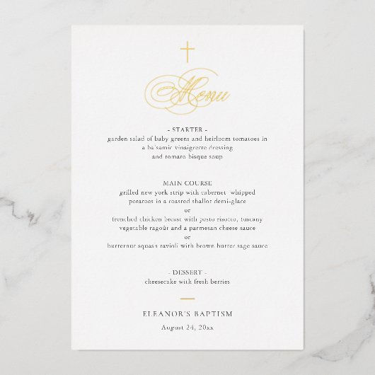 Invitation En Aluminium Simple Elegant Gold Cross Calligraphy Baptism Menu (Recto)