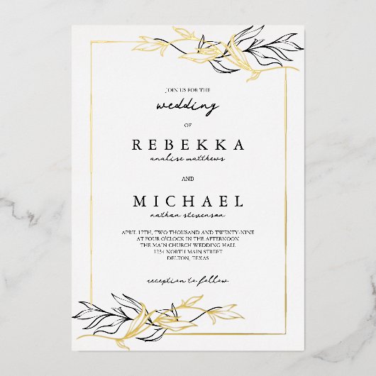 Invitation En Aluminium Simple Elegant Noir Blanc Foliage Mariage Real (Recto)