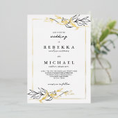 Invitation En Aluminium Simple Elegant Noir Blanc Foliage Mariage Real (Debout devant)