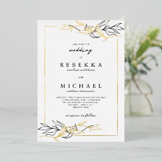 Invitation En Aluminium Simple Elegant Noir Blanc Foliage Mariage Real (Debout devant)