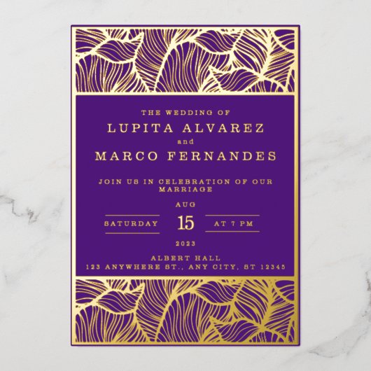 Invitation En Aluminium Simple Elegant or et violet Mariage (Recto)