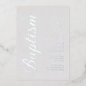 Invitation En Aluminium Simple Élégant Script Argent Soft Grey Baptême (Recto)
