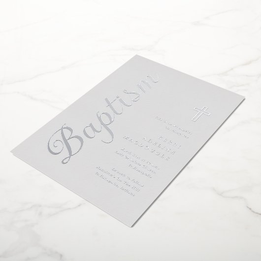 Invitation En Aluminium Simple Élégant Script Argent Soft Grey Baptême (Rotation)