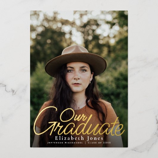 Invitation En Aluminium Simple Élégant Script Graduation Photo Foil (Recto)