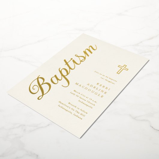 Invitation En Aluminium Simple Élégant Script Or Soft Ivory Baptême (Rotation)