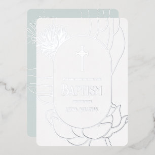 Invitation En Aluminium Simple Floral Argent Blanc Aquamarine Baptême Feui