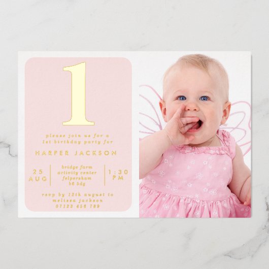 Invitation En Aluminium Simple Gold Foil & Blush 1er Anniversaire Photo (Recto)