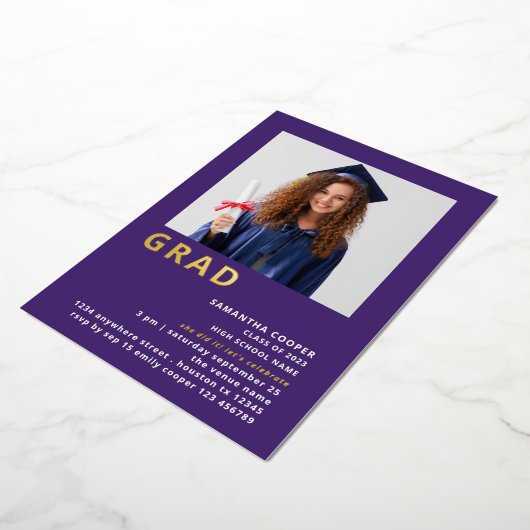 Invitation En Aluminium Simple Grad 2022 Photo Graduation Purple Gold Real (Rotation)