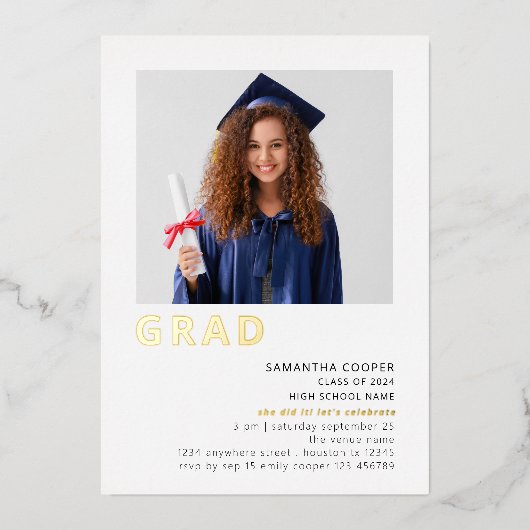 Invitation En Aluminium Simple Grad 2022 Photo Graduation White Gold Real (Recto)