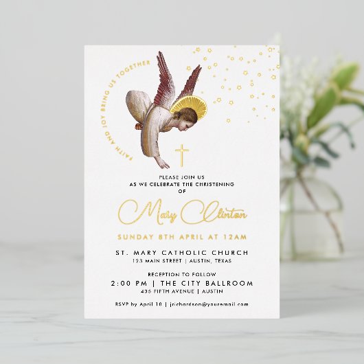 Invitation En Aluminium Simple Luxe Blanc Or Baptême Angel Chic Script (Debout devant)