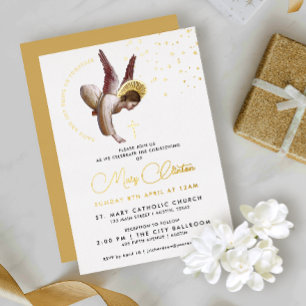 Invitation En Aluminium Simple Luxe Blanc Or Baptême Angel Chic Script