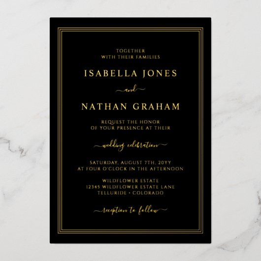 Invitation En Aluminium Simple Mariage Black Gold (Recto)