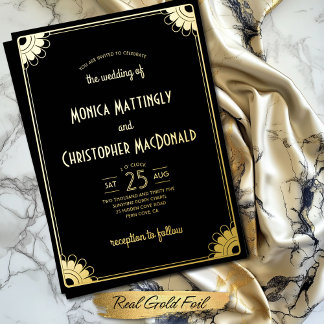 Invitation En Aluminium Simple Mariage Floral Art Déco Rétro Or Noir