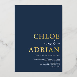 Invitation En Aluminium Simple Minimal Bleu Marine Mariage Or