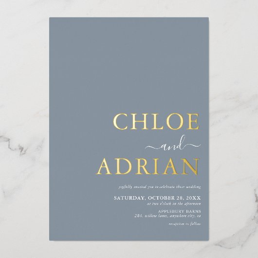 Invitation En Aluminium Simple minimum Dusty Blue Mariage Gold (Recto)