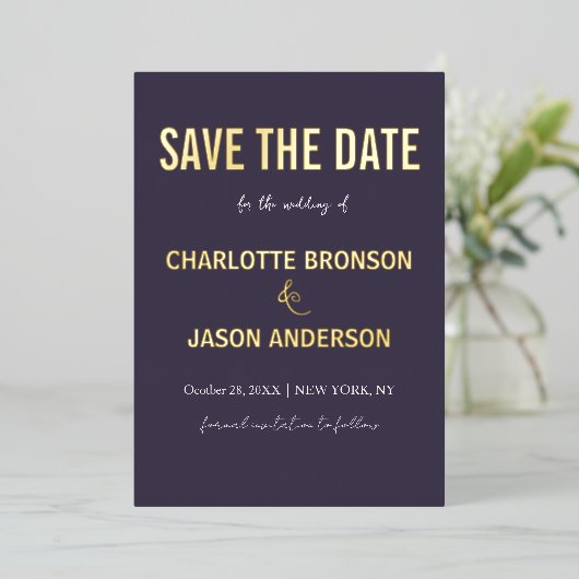 Invitation En Aluminium Simple Moderne Eggplant Enregistrer La Date Or (Debout devant)