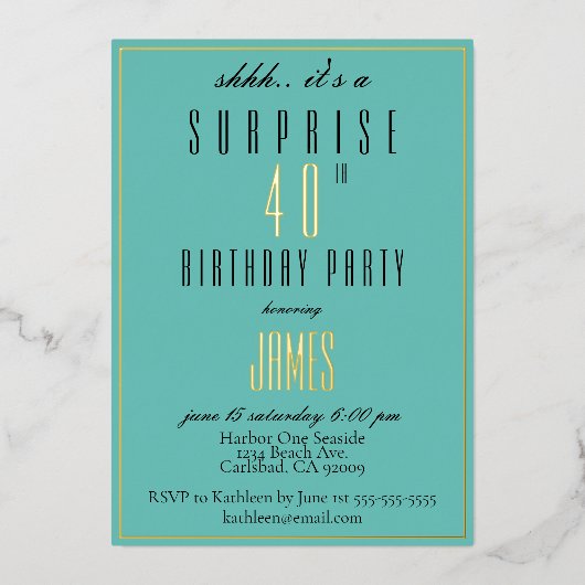 Invitation En Aluminium Simple moderne élégant Turquoise noir 40e annivers (Recto)