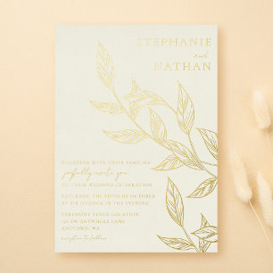 Invitation En Aluminium Simple Moderne Feuilles Crème Ivoire Mariage Or