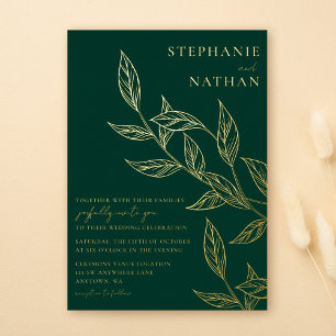 Invitation En Aluminium Simple Moderne Feuilles Émeraude Vert Mariage Or