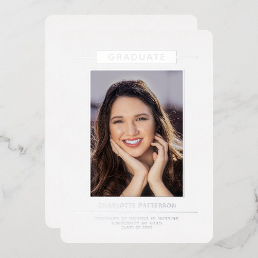 Invitation En Aluminium Simple Moderne Graduation Photo Script Argent (Recto/Verso)