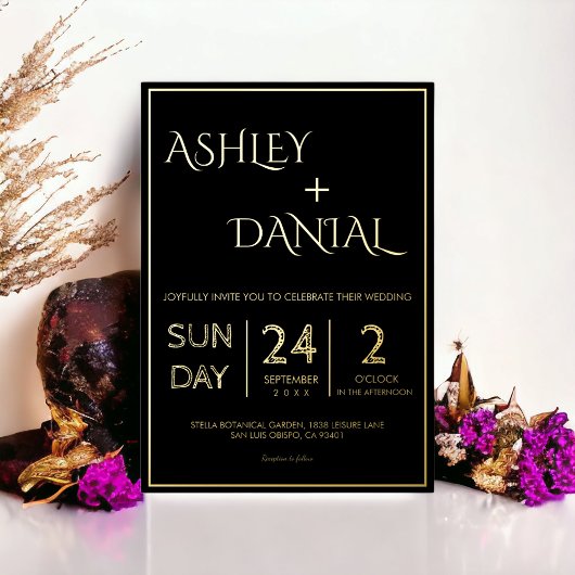 Invitation En Aluminium Simple moderne Noir et or Script Mariage chic