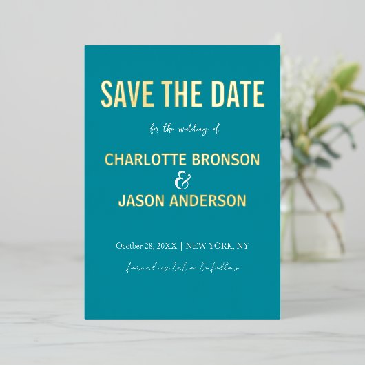 Invitation En Aluminium Simple Moderne Retro Turquoise Enregistrer La Date (Debout devant)