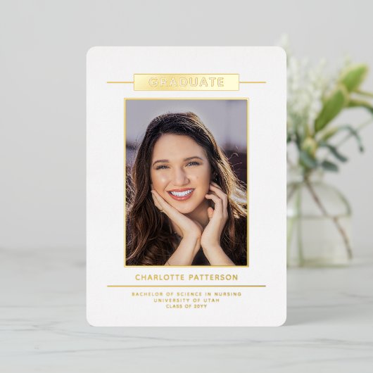 Invitation En Aluminium Simple Modernité Graduation Photo Gold Script (Debout devant)