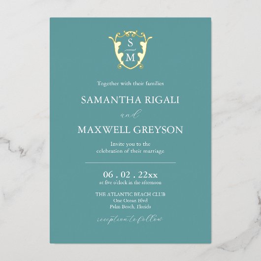 Invitation En Aluminium Simple Monogram Mariage Bleu (Recto)