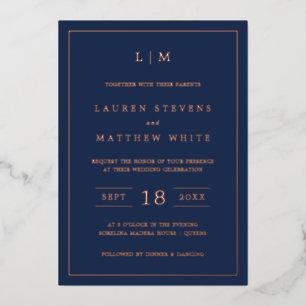 Invitation En Aluminium Simple Monogramme Bleu Marine Élégant Mariage