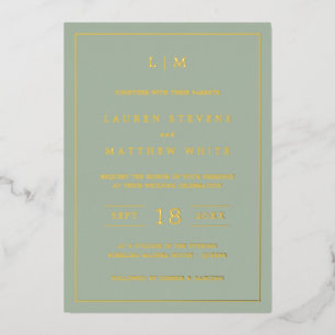 Invitation En Aluminium Simple Monogramme Élégant Vert Sauge Mariage Or