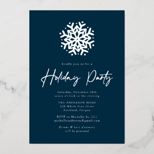Invitation En Aluminium Simple Navy et Silver Snowflake Fête (Recto)