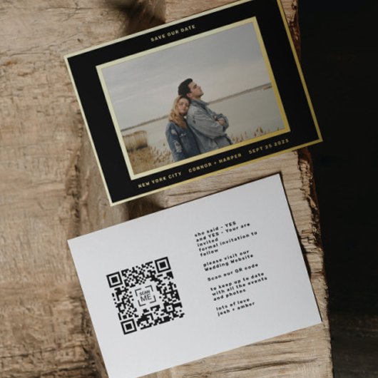 Invitation En Aluminium Simple photo Gold Border Code QR enregistrer notre